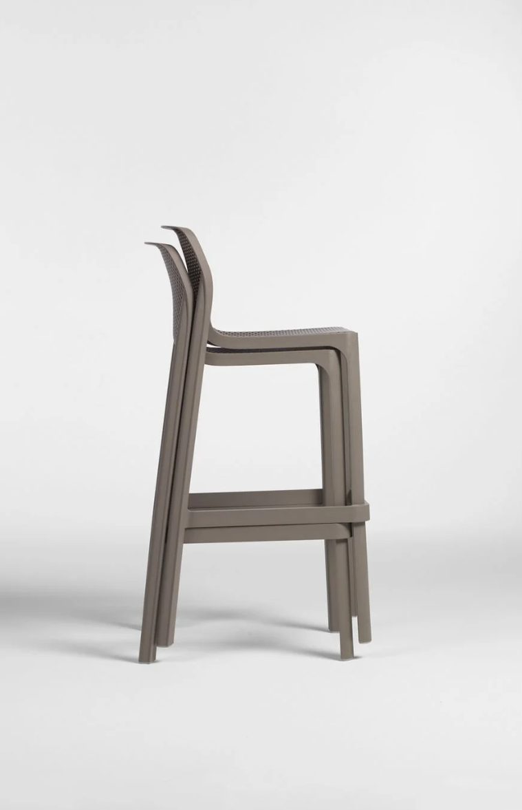 Load image into Gallery viewer, Nardi Net Stool Mini outdoor bar stool in tortora color, stackable design, suitable for patio or garden seating.
