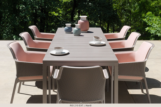 Nardi Rio 210 Extensible outdoor table in tortora color with a sleek design and extendable feature for outdoor dining.