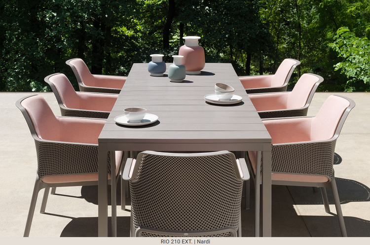 Nardi Rio 210 Extensible outdoor table in tortora color with a sleek design and extendable feature for outdoor dining.