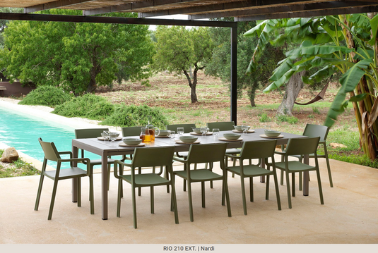 Nardi Rio 210 Extensible Outdoor Table in tortora color, featuring a sleek, modern design with extendable surface for outdoor dining.