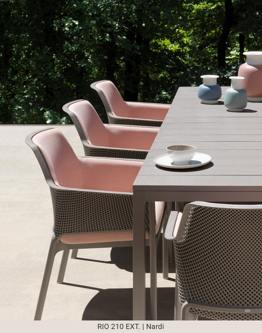 Nardi Rio 210 Extensible Outdoor Table in tortora color, featuring a sleek design and extendable surface for outdoor dining.