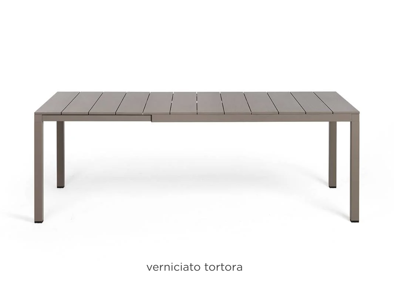 Nardi Rio Alu 140 Extensible outdoor table in tortora color with aluminum frame, suitable for patio or garden use.