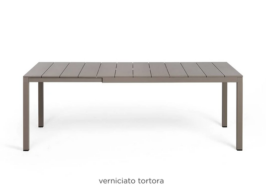 Nardi Rio Alu 140 Extensible outdoor table in tortora color with aluminum frame, suitable for patio or garden use.
