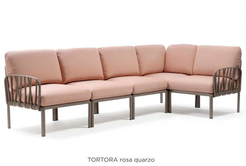 Load image into Gallery viewer, Komodo 5 modular outdoor sofa by Custom Wood Designs with Tortora Rosa Quarzo Sunbrella fabric, patio furniture for outdoor seating.
