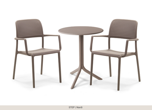 Nardi outdoor step table by Custom Wood Designs, featuring a low and dining height, in tortora color for garden or patio use.