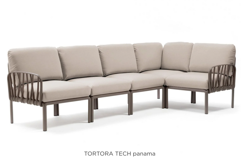 Load image into Gallery viewer, Komodo 5 Modular Outdoor Sofa by Custom Wood Designs, featuring neutral TortoraTech fabric, ideal for patio or hotel outdoor spaces.
