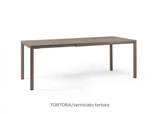 Nardi Tevere 147 extensible outdoor table by Custom Wood Designs, with a wooden top and sturdy legs, suitable for outdoor dining.