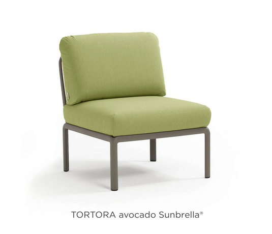 Tortora and avocado Nardi Komodo Central Sofa Module with Sunbrella cushions on outdoor patio, modular section for Nardi outdoor sofa.