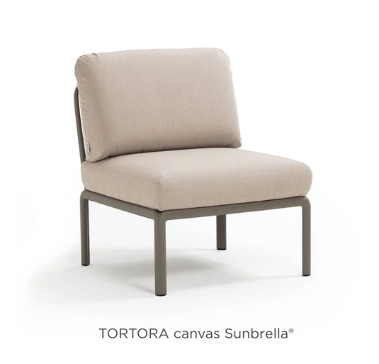 Nardi Komodo Central Sofa Module in tortora canvas fabric, part of outdoor Komodo sectional sofa for patio or hotel terrace.