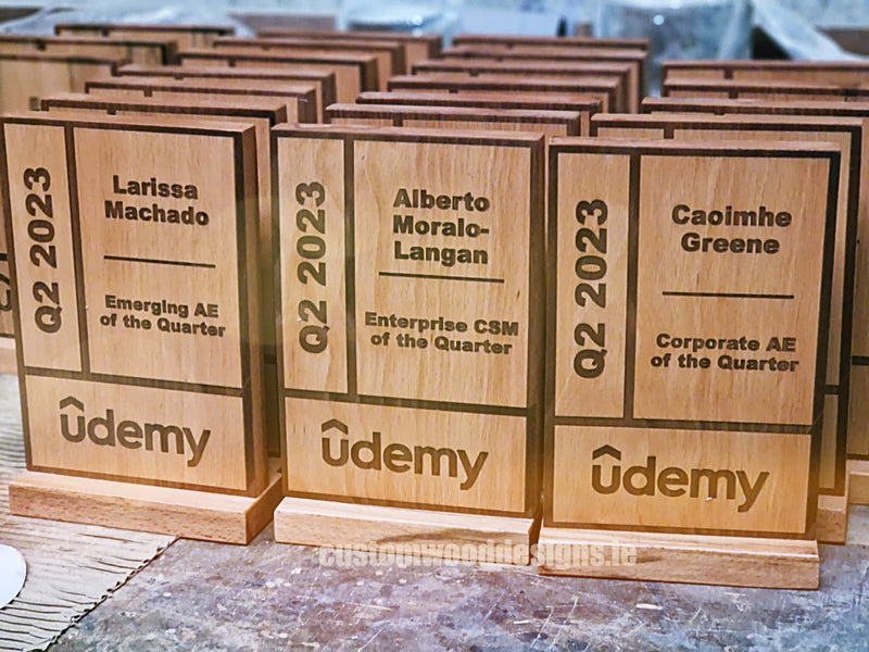 Load image into Gallery viewer, Wooden award plaque from Custom Wood Designs, featuring engraved text and a polished finish, ideal for trophies and recognition.
