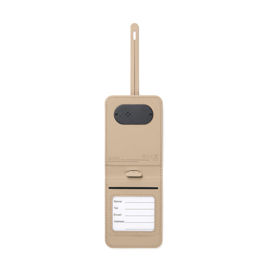 Vinga Baltimore RCS luggage tag with finder feature, attached to a suitcase, designed for phone and tablet accessories.