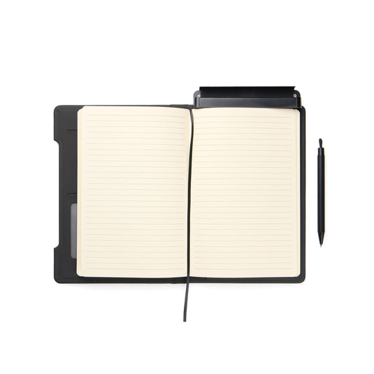 Vinga Baltimore RCS 4-in-1 refillable notebook with black cover and elastic band, showcasing multiple writing sections and pocket.
