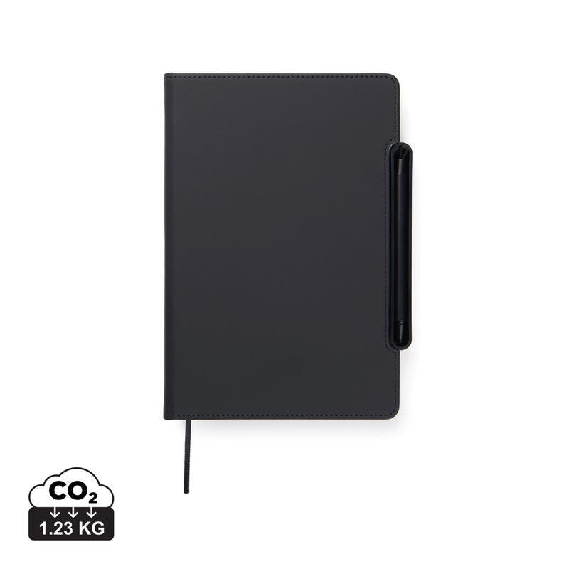 Load image into Gallery viewer, Vinga Baltimore RCS 4-in-1 refillable notebook with black cover, open to show lined and blank pages, versatile portfolio and notebook.
