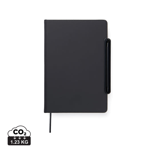 Vinga Baltimore RCS 4-in-1 refillable notebook with black cover, open to show lined and blank pages, versatile portfolio and notebook.