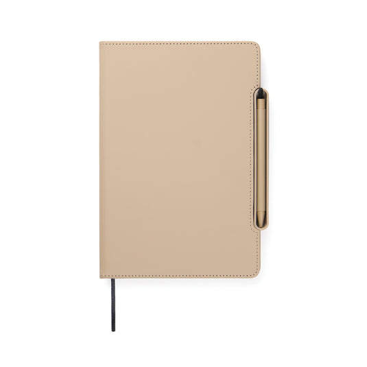 Vinga Baltimore RCS 4-in-1 refillable notebook with leather cover, open to show pages and pen holder on a wooden surface