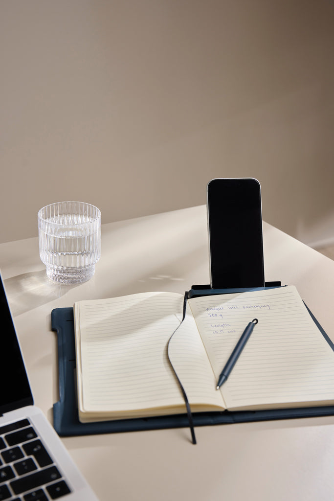 Load image into Gallery viewer, Vinga Baltimore RCS 4-in-1 refillable notebook with black cover, open pages showing lined and blank sections for writing and note-taking.
