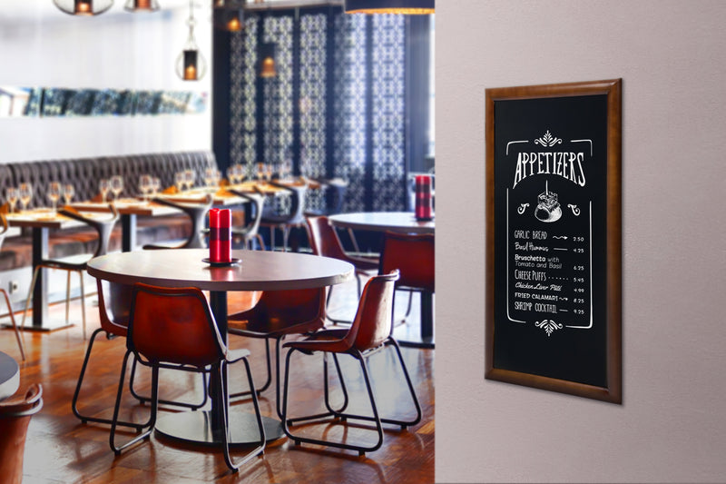 Load image into Gallery viewer, Securit Chalkboard Set - Long Rubberwood Wall Chalkboard in Dark Brown 56x100 cm - Board + Waterproof Markers + Cleaner - in use
