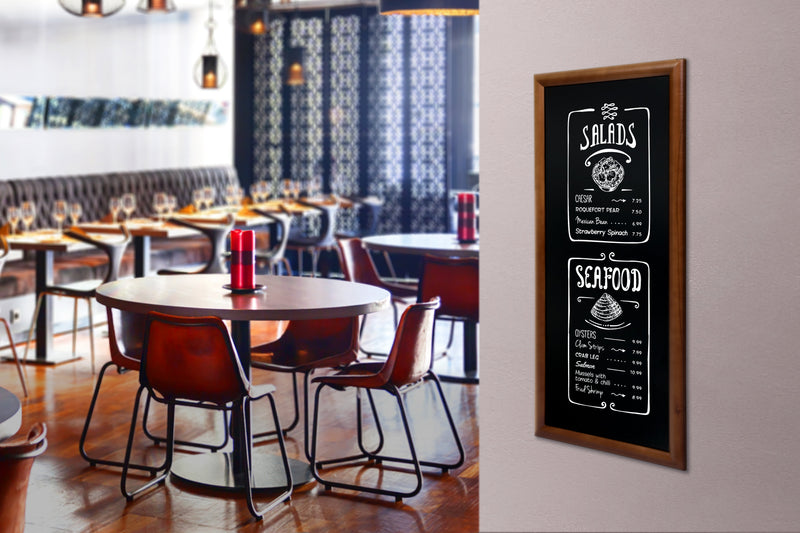 Load image into Gallery viewer, Securit Chalkboard Set - Long Rubberwood Wall Chalkboard in Dark Brown 56x120 cm - Board + Waterproof Markers + Cleaner - in use
