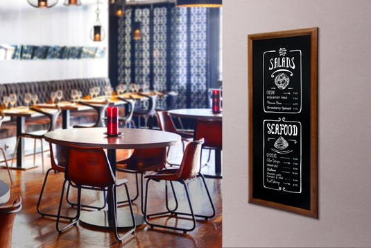 Securit Chalkboard Set - Long Rubberwood Wall Chalkboard in Dark Brown 56x120 cm - Board + Waterproof Markers + Cleaner - in use