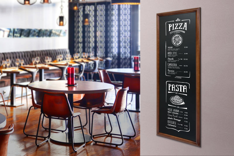 Load image into Gallery viewer, Securit Chalkboard Set - Long Rubberwood Wall Chalkboard in Dark Brown 56x150 cm - Board + Waterproof Markers + Cleaner - in use
