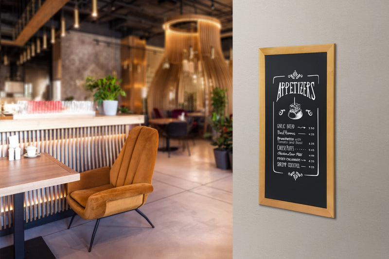 Load image into Gallery viewer, Securit Chalkboard Set - Long Rubberwood Wall Chalkboard in Teak 56x100 cm - Board + Waterproof Markers + Cleaner - in use
