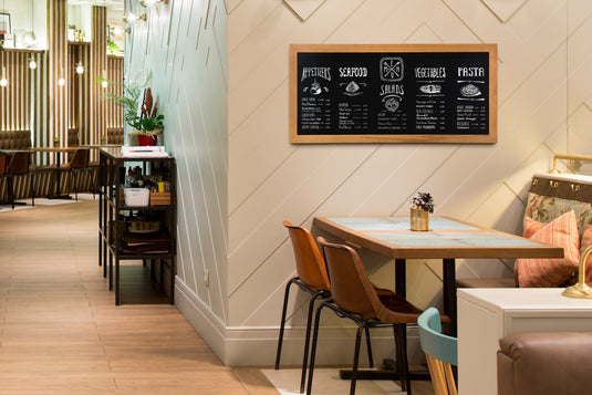 Securit Chalkboard Set - Long Rubberwood Wall Chalkboard in Teak 56x120 cm - Board + Waterproof Markers + Cleaner - in use