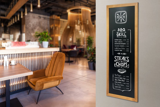 Securit Chalkboard Set - Long Rubberwood Wall Chalkboard in Teak 56x150 cm - Board + Waterproof Markers + Cleaner - in use