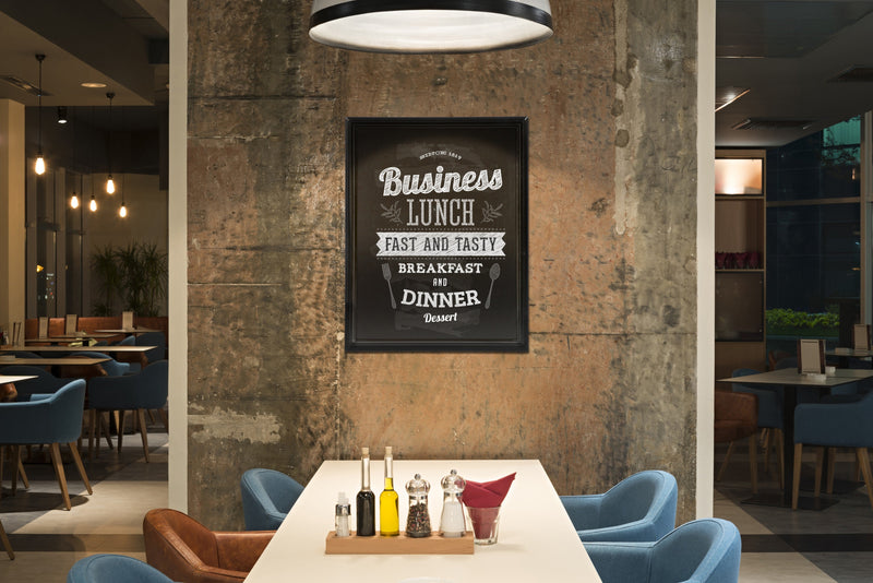 Load image into Gallery viewer, Securit Christmas Menu Board Set - Black Wall Chalkboard 70x90 cm + Gold, Silver, Red, Green &amp; White Markers + Stencils - in use
