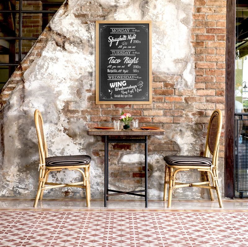 Load image into Gallery viewer, Securit Chalkboard Set - Extra Large Woody Wall Chalkboard in Teak 60x80 cm (Pack of 6) - Boards + Waterproof Markers + Cleaner - in use
