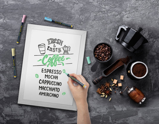 Securit Chalkboard Set - Medium Woody White Wall Chalkboard 30x40 cm (Pack of 6) - Boards + Waterproof Markers + Cleaner