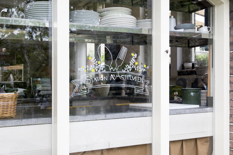 Load image into Gallery viewer, Securit Chalkmarkers - Window Stencils - A2 Coffee &amp; Restaurant Window Designs - White - Pack of 6 – in use
