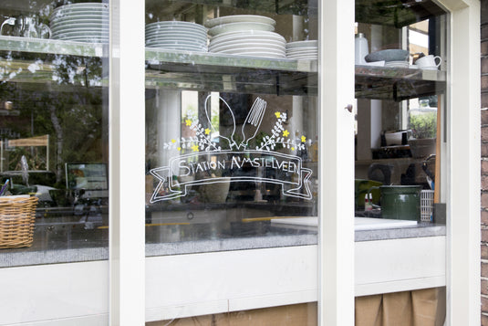 Securit Chalkmarkers - Window Stencils - A2 Coffee & Restaurant Window Designs - White - Pack of 6 – in use
