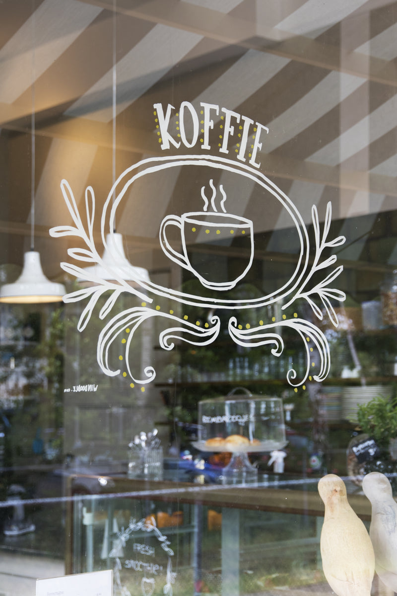 Load image into Gallery viewer, Securit Chalkmarkers - Window Stencils - A2 Coffee &amp; Restaurant Window Designs - White - Pack of 6 – in use

