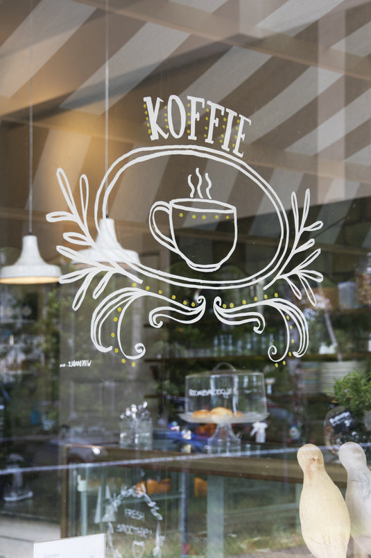 Securit Chalkmarkers - Window Stencils - A2 Coffee & Restaurant Window Designs - White - Pack of 6 – in use