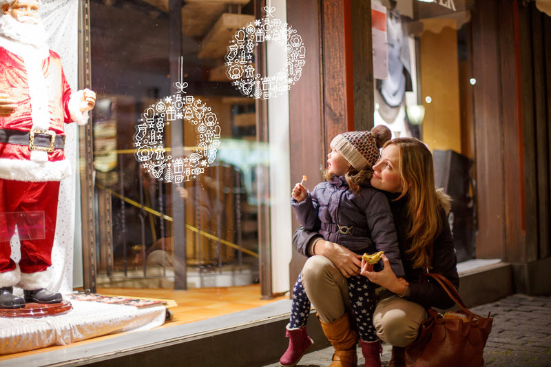 Load image into Gallery viewer, Securit Christmas Window Set - Windoodle Christmas Stencils + Gold, Silver &amp; White Chalk Markers + Cleaner - in use
