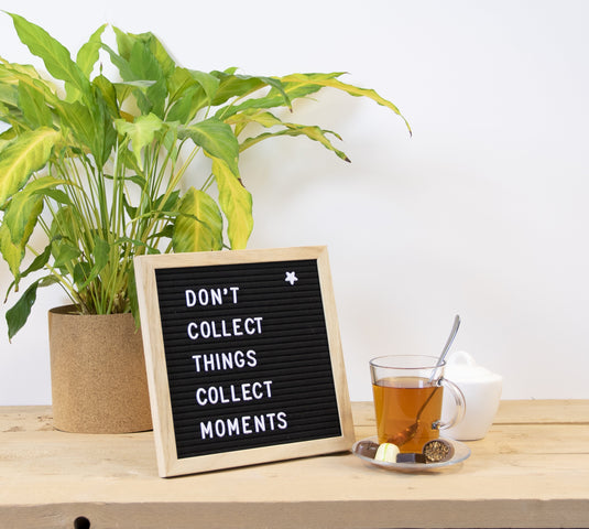 Letter Board & Chalkboard Gallery Wall Set - 6 Teak Letter Boards + 6 Woody Chalkboards + Letters + White Chalk Markers - in use