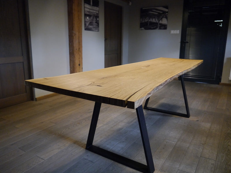 Load image into Gallery viewer, Rustic Solid Oak Live Edge Dining Table – Black Steel U-Frame - Custom Wood Designs
