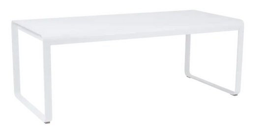 White Fermob Bellevie outdoor metal dining table, 196x90 cm, eight-seater for outdoor dining and gatherings