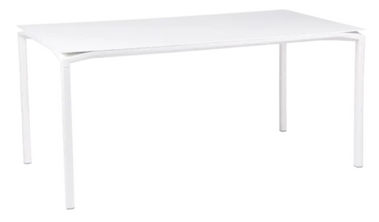 White Fermob CALVI rectangular kitchen table, 160x80 cm, six-seater, sturdy and stylish for dining or workspace.