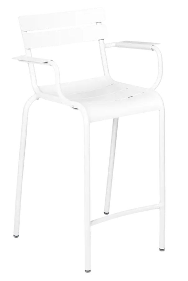 Load image into Gallery viewer, White Fermob Luxembourg high bar armchair with a modern design, showcasing its sleek wooden frame and comfortable seating.
