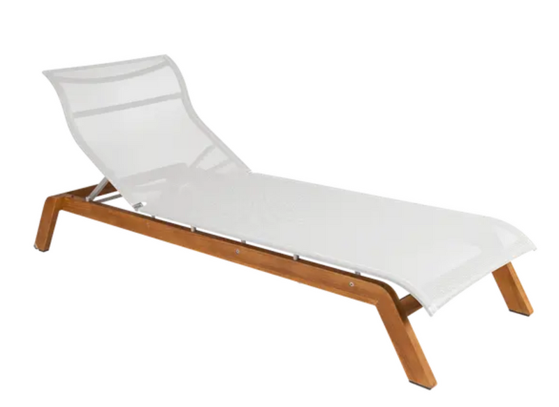 Load image into Gallery viewer, Fermob MAUI teak sunlounger with white Batyline fabric and teak base, outdoor furniture for relaxing in the sun
