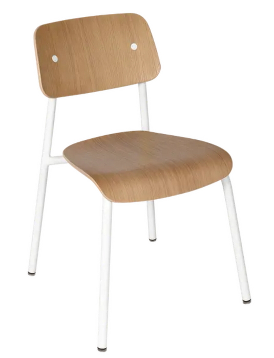 White Fermob Studie Oak Chair with wooden legs, suitable for office, restaurant, or home settings, showcasing modern design.