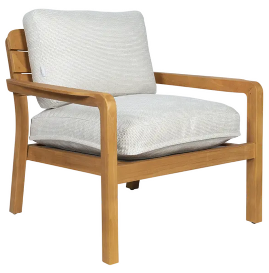 Lodge Fermob outdoor teak armchair with wicker accents, suitable for hotel terrace seating, featuring a low armrest design.