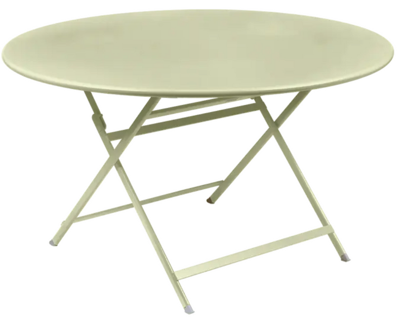 Load image into Gallery viewer, Willow green Fermob metal foldable table with 128 cm diameter, designed as an eight-seater for indoor or outdoor use.
