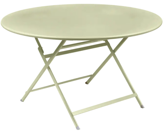 Willow green Fermob metal foldable table with 128 cm diameter, designed as an eight-seater for indoor or outdoor use.