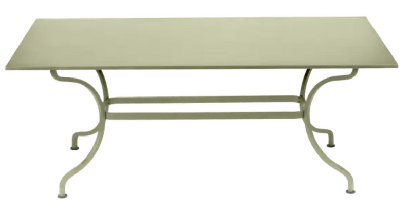 Load image into Gallery viewer, Willow green Fermob Romane dining table, 180x100cm, suitable for up to 8 guests, outdoor-ready metal table.
