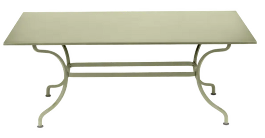 Willow green Fermob Romane dining table, 180x100cm, suitable for up to 8 guests, outdoor-ready metal table.