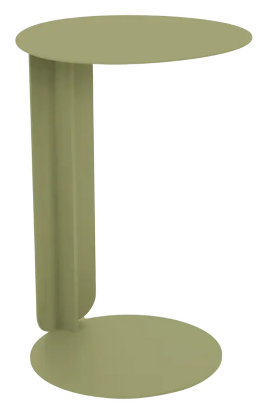 Willow green Fermob Bebop offset table made of metal, outdoor furniture with a modern design and sturdy construction.