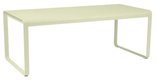 Willow green Fermob Bellevie outdoor metal dining table, 196 x 90 cm, eight-seater, suitable for outdoor patio dining.
