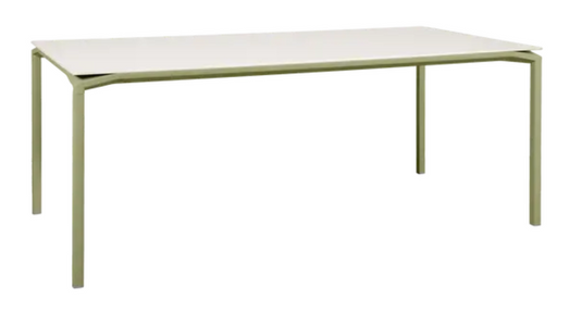 Fermob Calvi Aeris mineral dining table in willow green, 195 x 95 cm, eight-seater outdoor table with modern design.